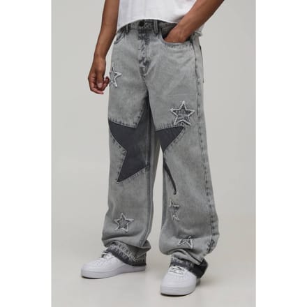Relaxed Fit Jeans Met Ster Patchwork | Light Grey | Size 34R