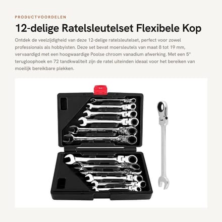 Dailygoods- Ratelsleutel 12-delig - Flexibele Kop - Steeksleutel - Ringsteeksleutel - Gereedschapskoffer - 72 Tandkwaliteit - Moersleutel