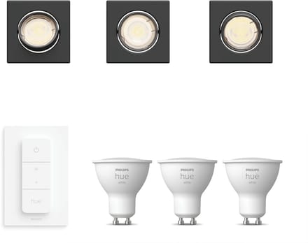 Philips Hue Peridot Set van 3 Inbouwspots (Zwart) - Vierkant - Richtbaar - GU10 - Warmwit Licht - Incl. Hue Dimmer Switch - Hue White