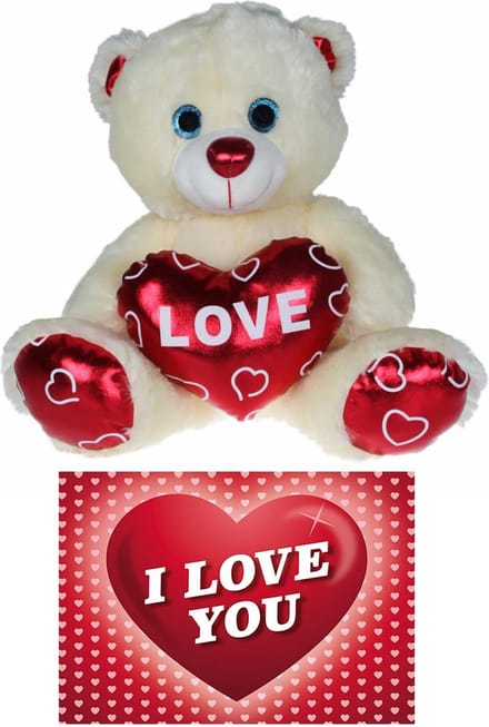 Kruger Pluche knuffelbeer - 30 cm - wit/rood - Valentijn Love hartje - hartjes wenskaart