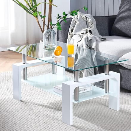 Rectangular Coffee Table for Living Room, Glass Coffee Table for Waiting Room, Modern Coffee Table with Wooden Leg, Rectangular Table with Bottom Shelf, White