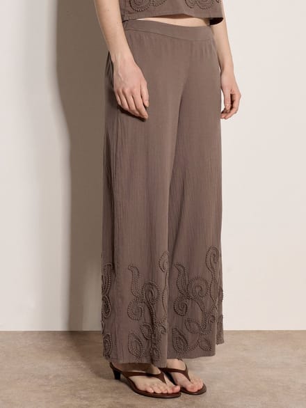 Geborduurde katoenen broek met wijde pijpen