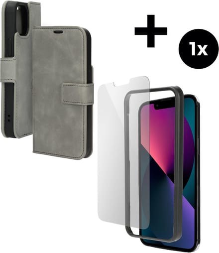 Mobiparts Classic Wallet hoesje geschikt voor Apple iPhone 13 mini met 1 Screenprotector van Gehard Glas - Grijs