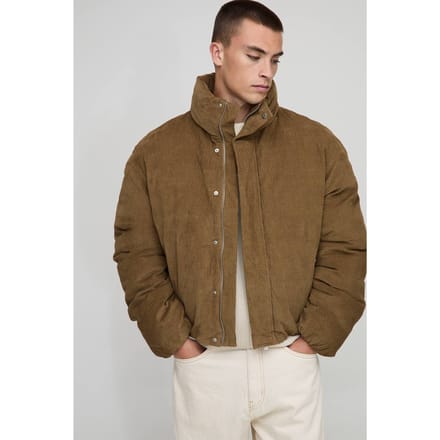 Boxy Fit Textured Velour Funnel Neck Puffer Jacket | Tan | Size Medium