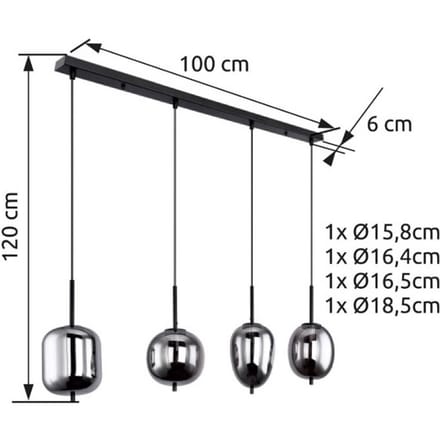Globo Hanglamp Blacky, zwart/rookgrijs, lengte 110 cm, 4-lamps.