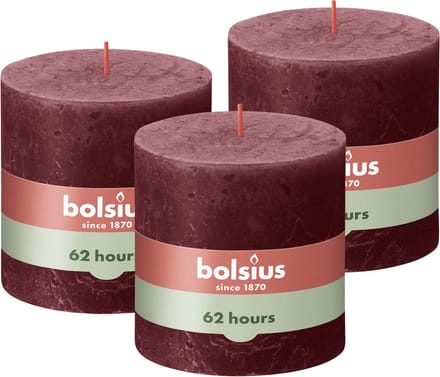Bolsius - Rustieke Kaars - 3 Stuks - Bordeaux Rood - 10 x 10cm - 62 Branduren