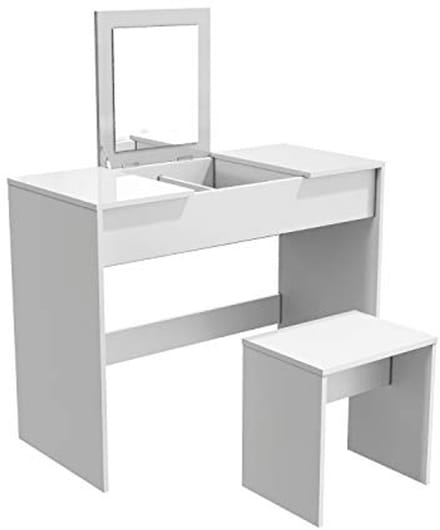 Makeuptafel met Kruk en Inklapbare Spiegel - Wit 2-in-1 Design