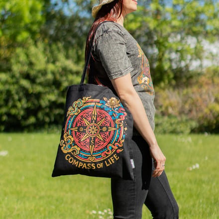 Iconic Classic Tote Bag - Compass of Life - Black 6oz 5 stuks