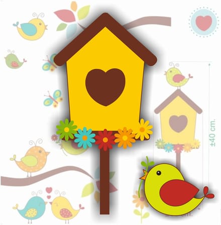 Jerma - Vogel met vogelhuisje - ± 14x40 cm - Raamsticker - Set - Zelfklevend - Weerbestendig
