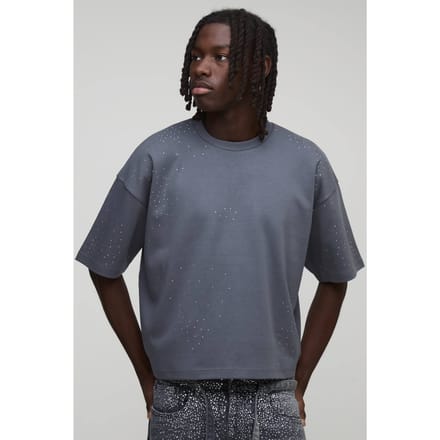 Oversized Ingekrompen Boxy Rhinestone Heavyweight Interlock T-Shirt | Charcoal | Size Medium
