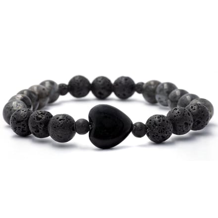 Bixorp Gems Lavasteen + Obsidiaan Armband met Hartje - 8mm / 18cm - Edelstenen Kralenarmband