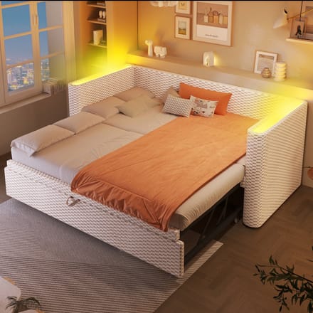 Slaapbank 90x200 / 180x200 cm - Uitschuifbaar Met LED - Met Lattenbodem - Fluweel - Beige