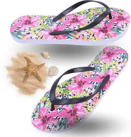 Roze-zwarte teenslippers met bloemen