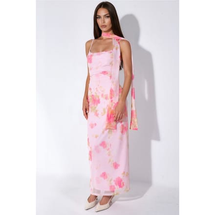 Geprinte Tulle Midi-jurk met Sjaaldetail