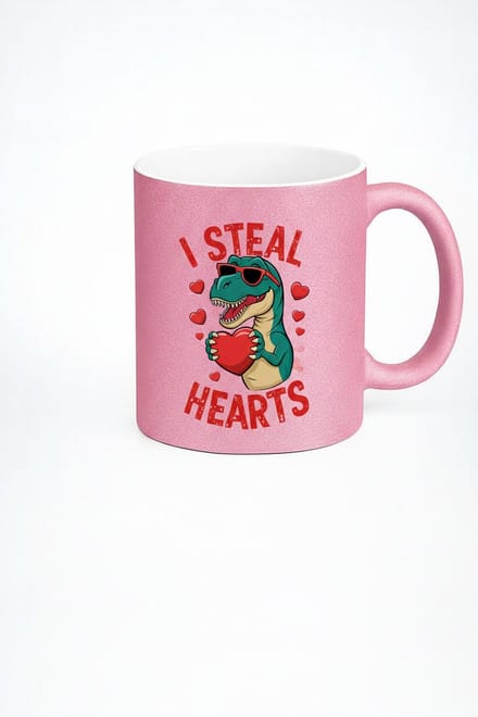 T-Rex 'I Steal Hearts' Roze Glitter Mok - Grappig Valentijnscadeau
