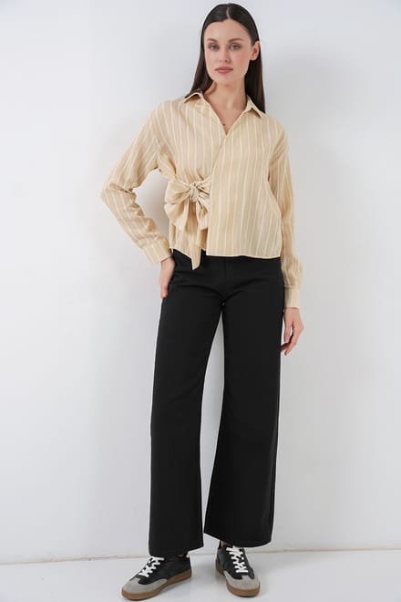 Gestreepte Lange Mouwen Shirt met Strikdetail