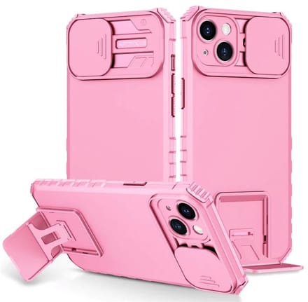Cityhoesje - iPhone 15 Plus-14 Plus- Slide Camera Lid – BackCover - Anti-drop Kickstand - Roze