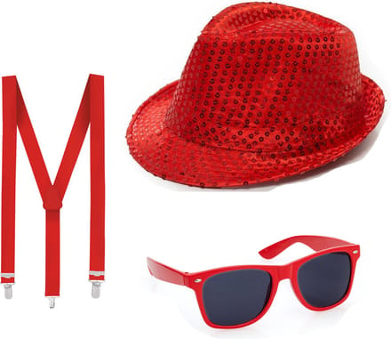 Folat - Verkleedkleding set - Glitter hoed/bretels/party bril rood