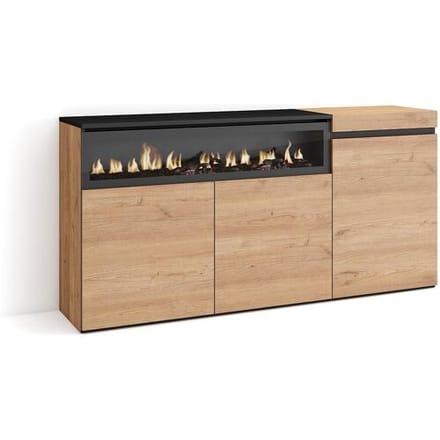 Skraut Home Dressoir, Opbergkast, 150x35x75cm, 3 Deuren, Elektrische haard, Eiken/Zwart