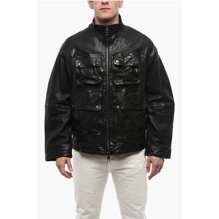 Meerdere zakken LOOSE WASHED leren jas in zwart