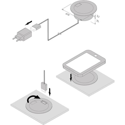 Hera Laadstekker, rond, zwart, Qi en 1x USB