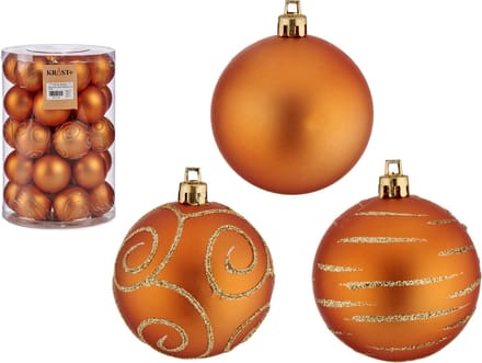 Krist+ Kerstballen - 60x - oranje - gedecoreerd - kunststof - 6 cm