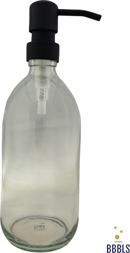 BBBLS® Design Dispenser "Blanco" | Transparant Glas | 500ml | RVS / Metaal Pomp Zwart | Zeeppomp | Zeepdispenser | Zeephouder