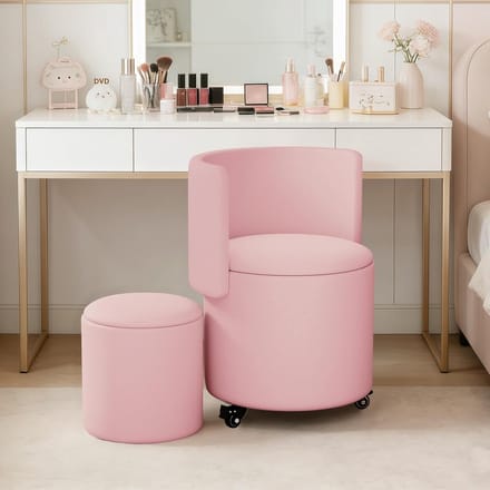 Draaibare Hocker - Make-up Stoel - Opbergen en Zitten - Inklapbare Rugleuning - 29.5 x 29.5 x 71 cm - Roze