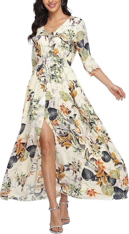 Dames Maxi Jurk Zomer Boho Viscose V-Hals Knoopsluiting Lente Mode