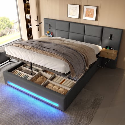 REDOM - Gestoffeerd Bed - Opbergruimte En USB-C - Modern - Slaapkamer - Fluweel - Donkergrijs - 180 X 200 Cm