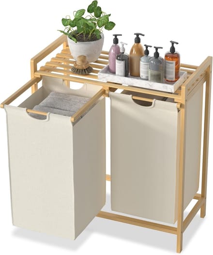 Wasmand met 2 Vakken en Bamboe Plank - Grote, Scheidbare Wasverzamelmand