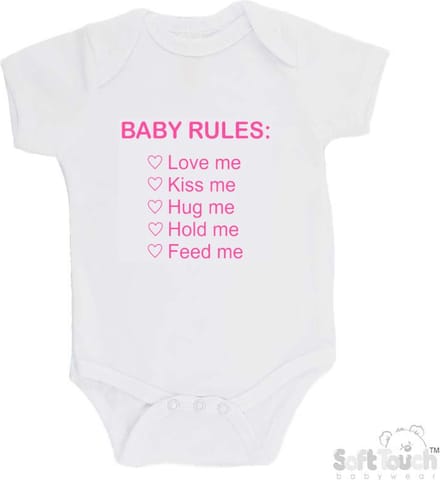 100% Katoenen Romper "Baby rules" Meisjes Katoen Wit/roze Maat 62/68