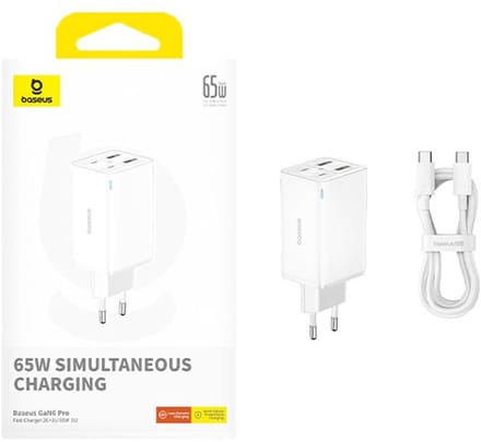 Baseus GaN6 65W USB-C/USB Snellader + 100W USB-C Kabel 1M Wit