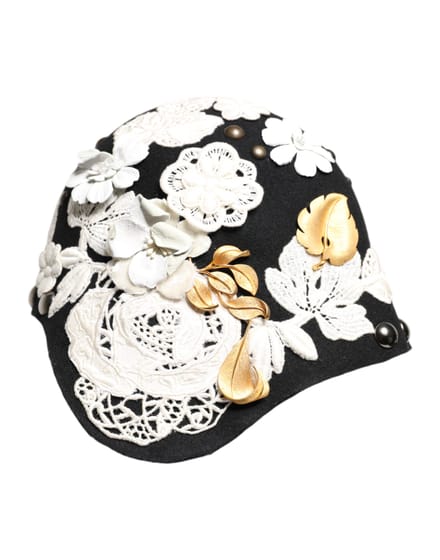 Zwarte Wol Witte Bloemen Gouden Blad Cloche Hoed