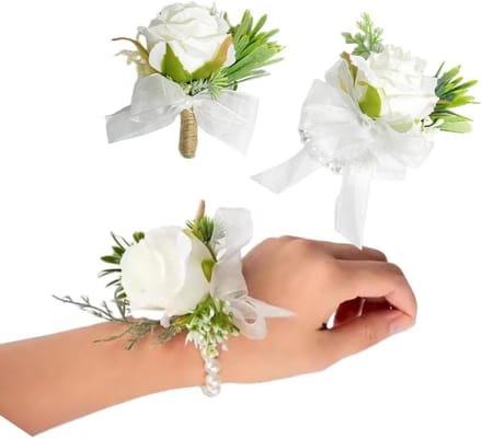 Witte Polscorsage en Boutonnière Set - Bruiloft en Feest Bloemdecoratie