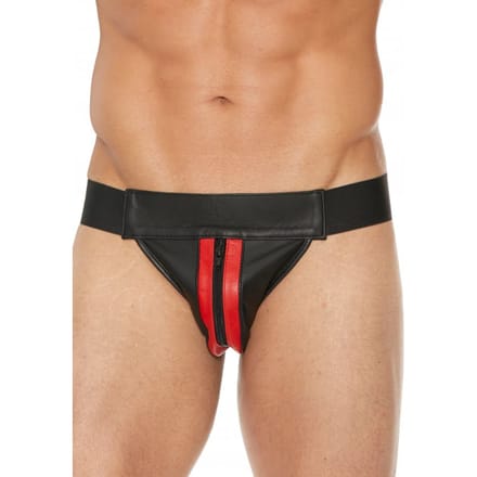 Gestreepte voorkant Lederen Jock Strap met rits - Rood