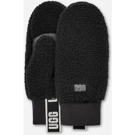 UGG® UGG fluff Mitten With Logo Tape for Women in Black, Size S/M, Fleece/Polyester/Leather