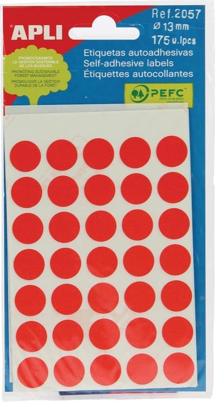 Apli ronde etiketten in etui diameter 13 mm, rood, 175 stuks, 35 per blad (2057)