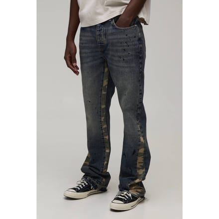 Gewassen Camo Gusset Gestapelde Wijduitlopende Jeans | Mid Wash | Size 36R