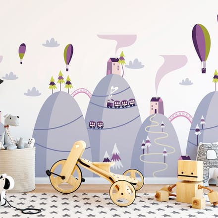 Scandinavische bergstickers met heteluchtballonnen in de lucht, 110 x 165 cm