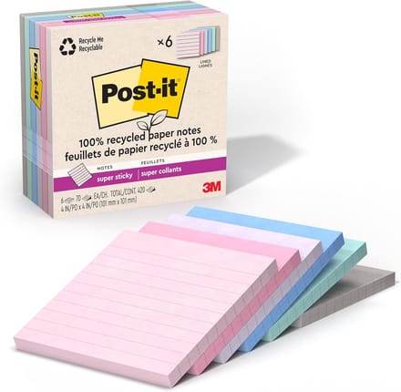 Post-it® Super Sticky Lined Notes 10x10 cm uit de Wanderlust Collection, 90 velletjes per blocnote, set van 6, herbergewonnen papier, biologisch afbreekbaar