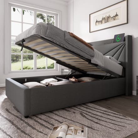 REDOM Opbergbed 90x200 cm van katoen-linnen – Met USB/Type-C en hydraulisch systeem – Grijs