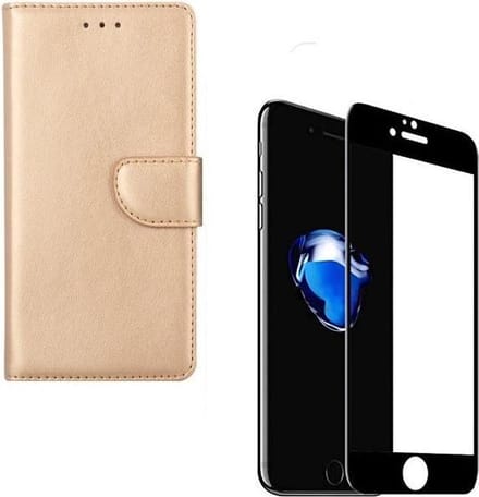 Bookcase Geschikt voor: iPhone 7 Plus / 8 Plus - goud - portemonee hoesje + 2X Full cover Tempered Glass Screenprotector