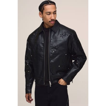 PU Star Applique Harrington Jacket | Black | Size Medium