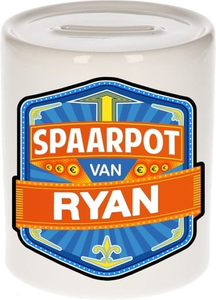 Bellatio Decorations Kinder spaarpot met naam - Ryan - keramiek - met dop - wit - Sparen - Spaargeld van Ryan