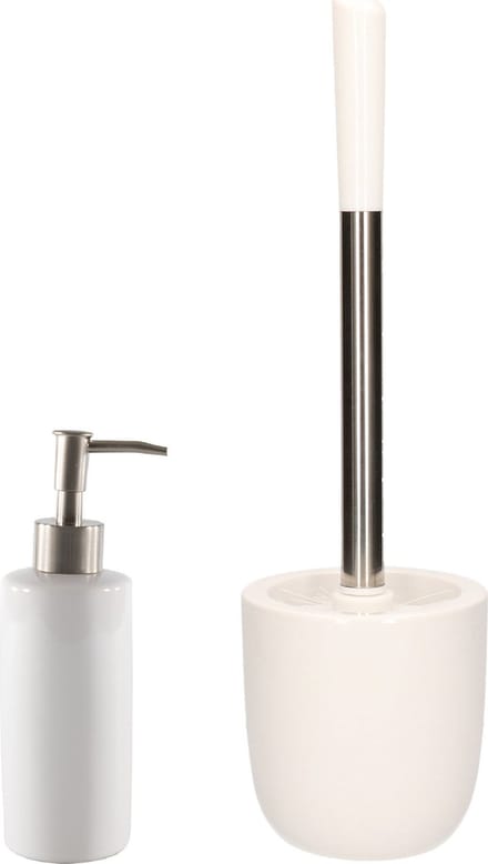 Excellent Houseware WC-/toiletborstel houder dolomiet wit met zeeppompje 400 ml