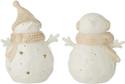 J-Line figuur Sneeuwpop - keramiek - wit/beige - large - 2 stuks - LED