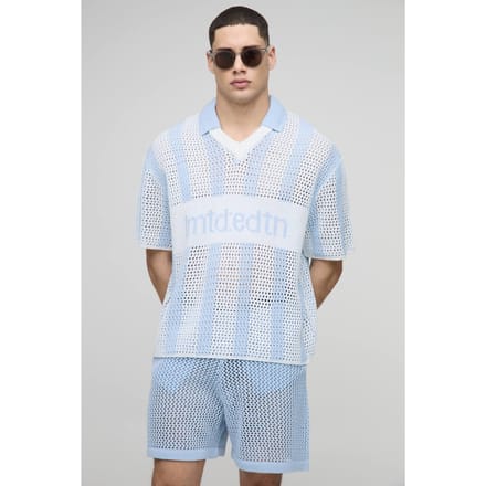 Regular Fit Open Stitch Stripe Football V-hals Gebreide Korte Set | Light Blue | Size Medium