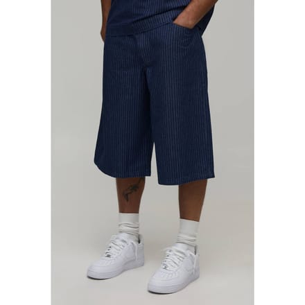 Baggy Fit Krijtstreep Varsity Denim Short | Navy | Size 30