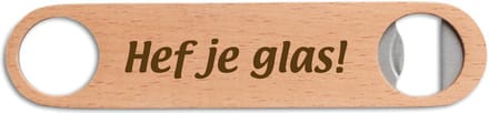 Gegraveerde bieropener/flesopener met de tekst Hef je glas